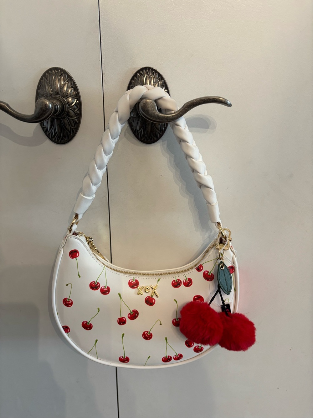 New Betsey Johnson White Cherry Print Shoulder Bag Pom Pom cherries vegan $108